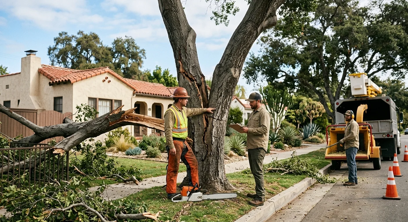 Crew assessing a storm-damaged tree near a Burbank home before removal