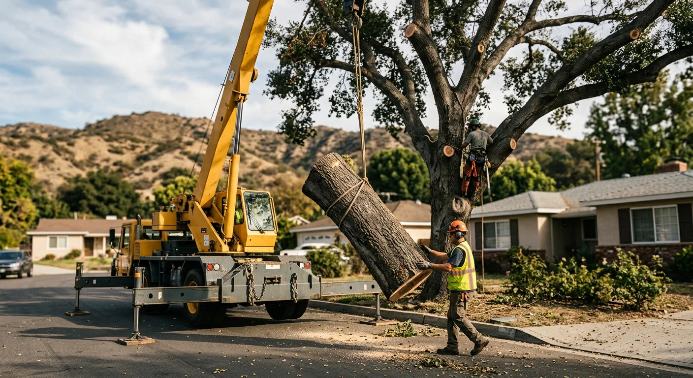 Crane lowering a large trunk section during emergency tree service in Burbank