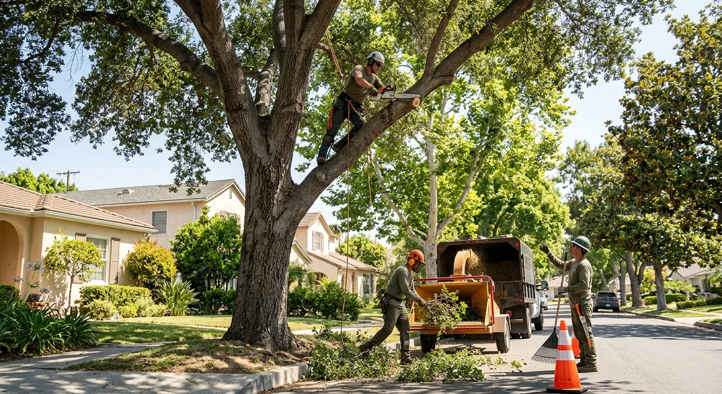 Arborist assessing a storm-damaged tree during an emergency response call