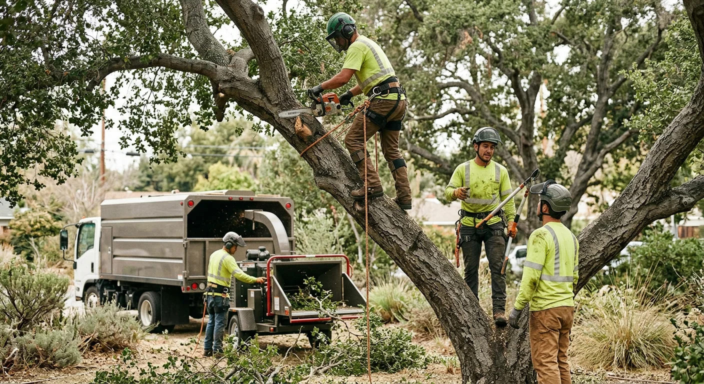 Crew clearing a storm-damaged tree from a Burbank residential property