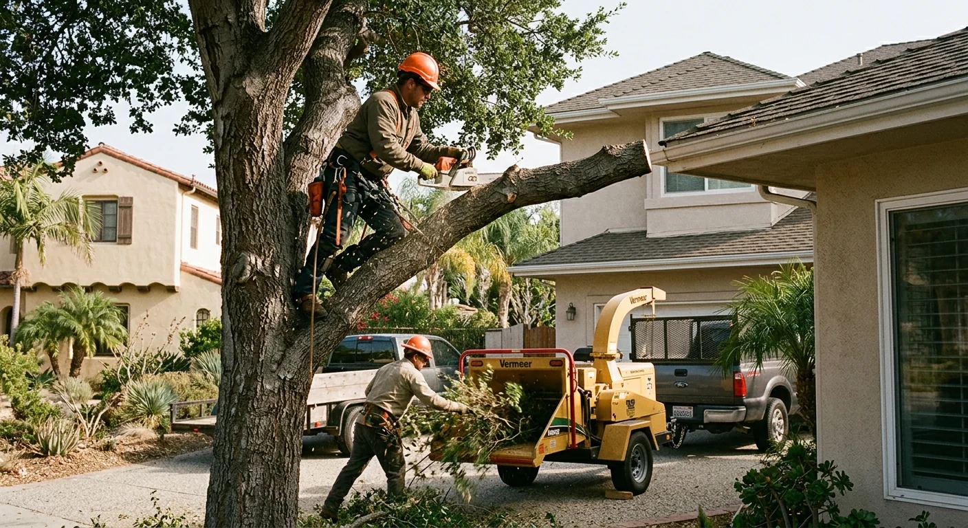 Cracked leaning tree trunk threatening a home roof after a Burbank storm