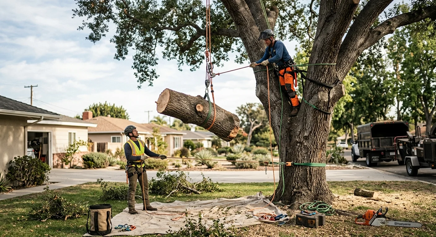 Crew rigging and lowering a storm-split oak beside a Burbank home