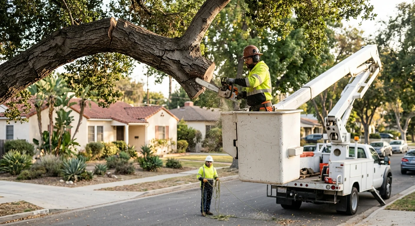Bucket lift removing a cracked limb hanging above a residential power line