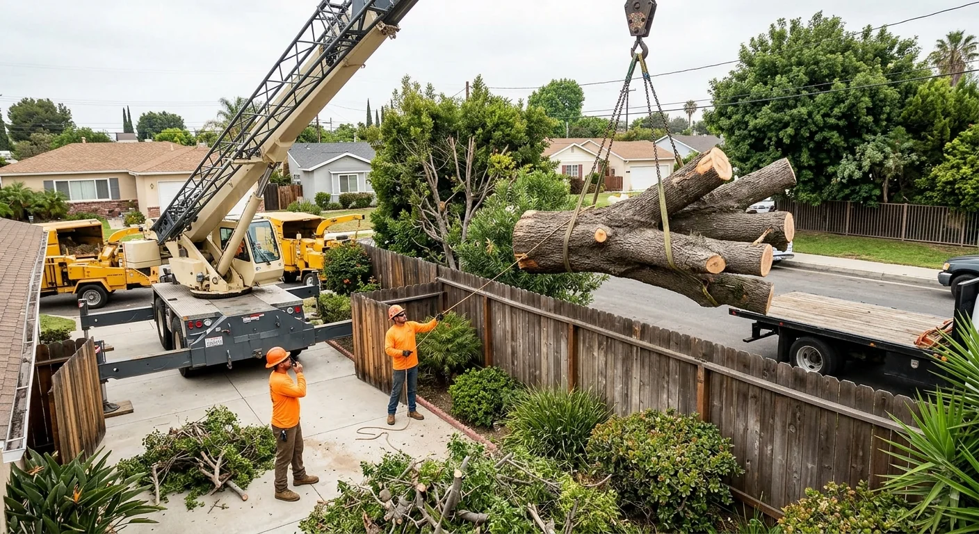Crane lifting a eucalyptus section from a narrow Burbank side yard