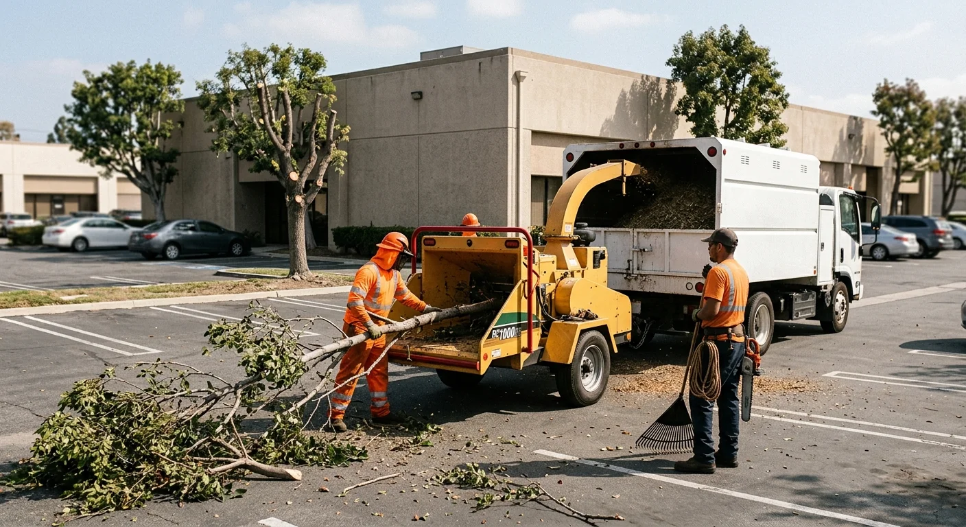 Crew clearing multiple fallen limbs across a Burbank commercial lot