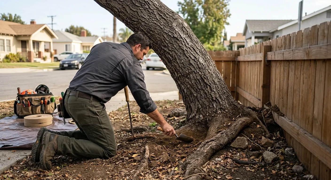 Leaning hazardous tree with root heave inspected before removal in Burbank