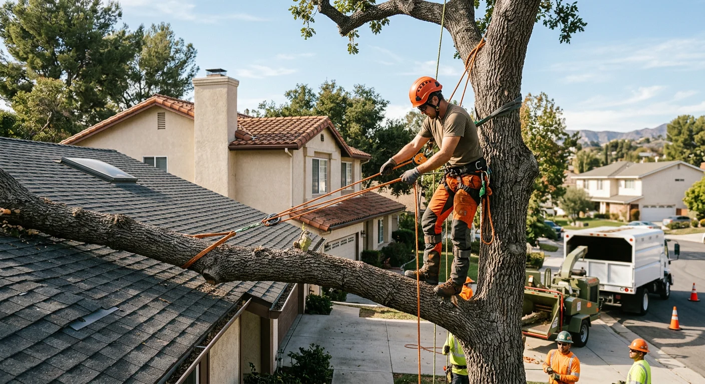Heavy limb resting against a two-story roof before controlled removal