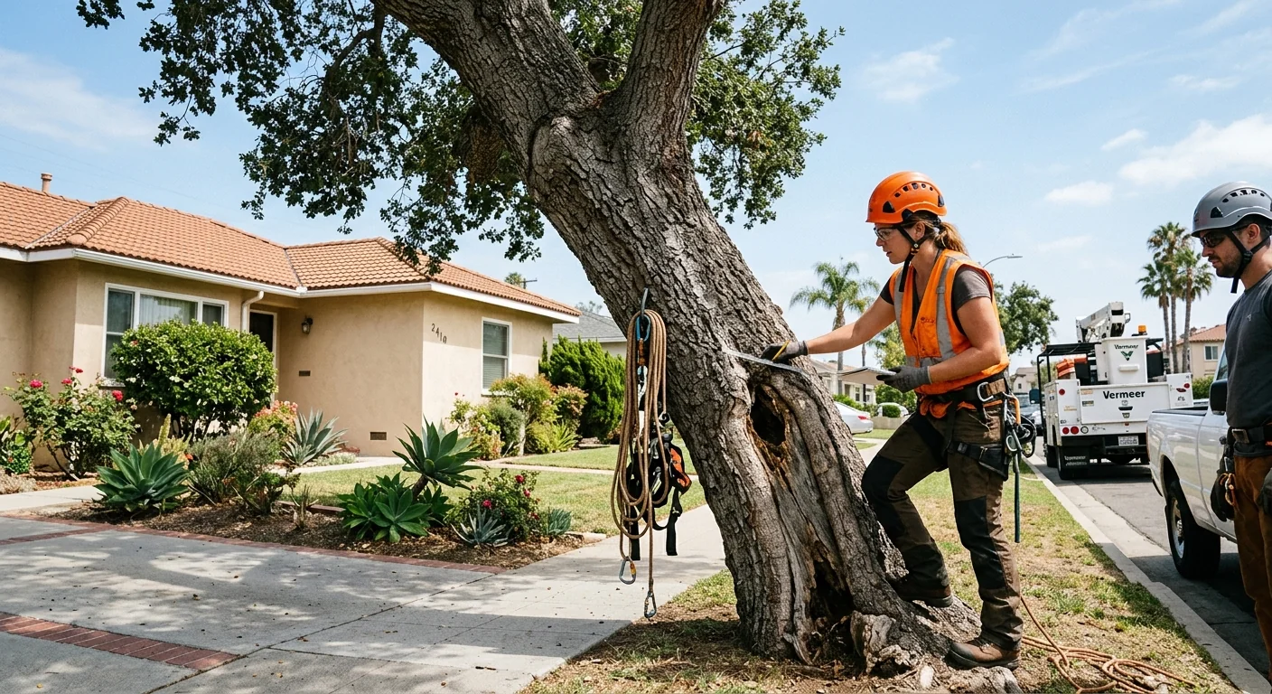 Arborist inspecting a leaning hazardous tree beside a Burbank home