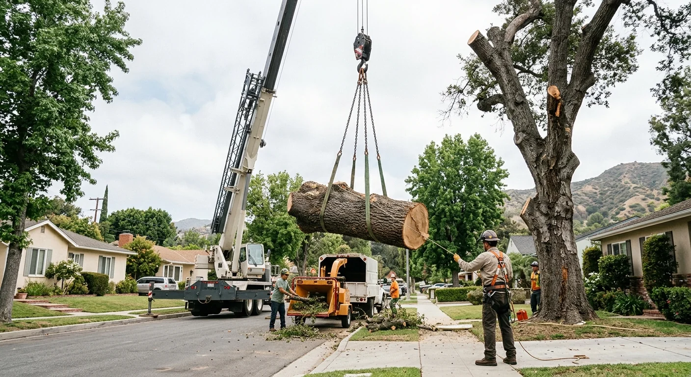 Crane lowering a large tree section during controlled removal in Burbank