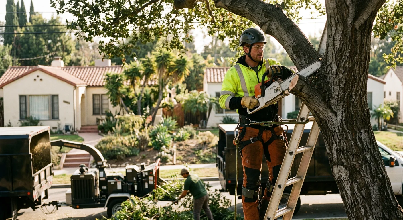 Arborist assessing a hazardous leaning tree beside a Burbank home before removal