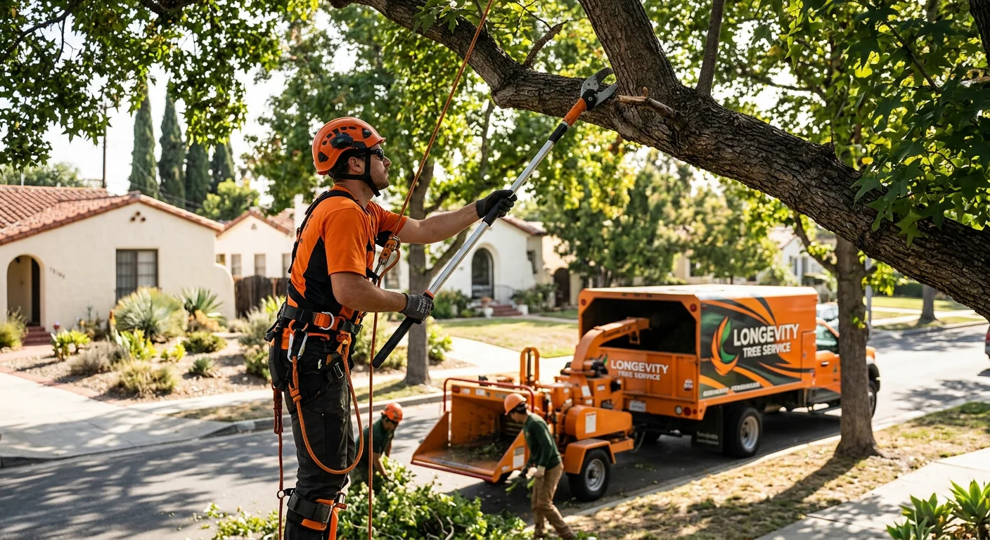 Crane-assisted hazardous tree removal near a Burbank residential property