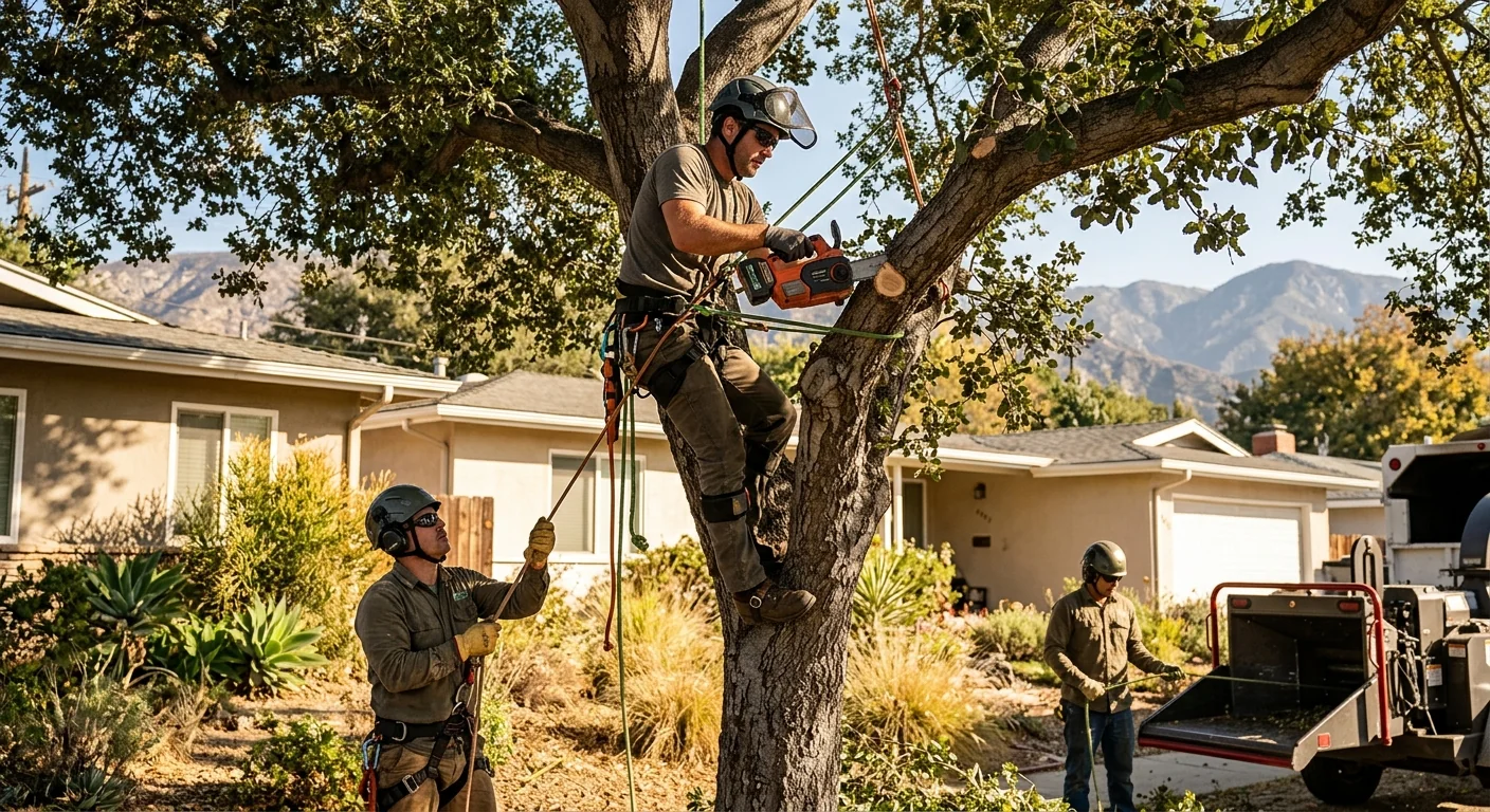 Leaning decayed tree with cracked trunk threatening a Burbank home and fence line