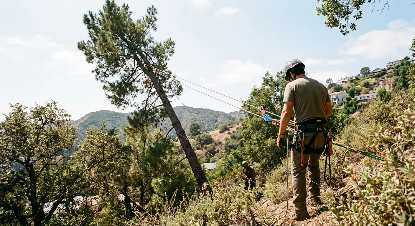 Arborist rigging a leaning hillside pine for controlled sectional removal in Burbank