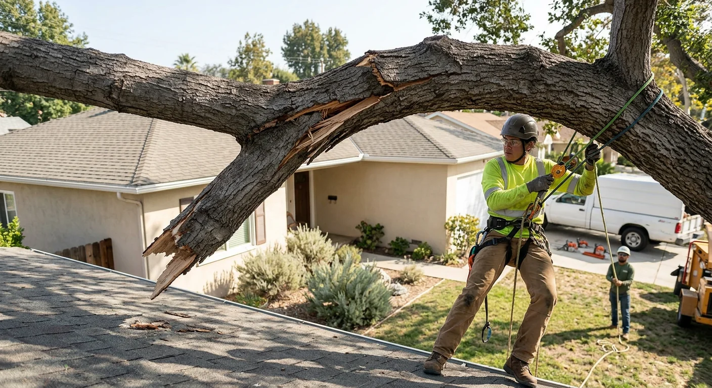 Cracked oak limb overhanging a residential roofline flagged for hazardous removal