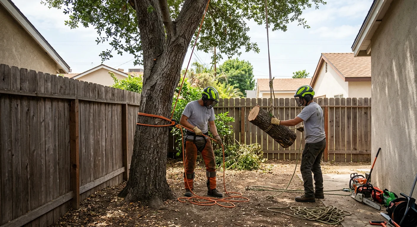 Crew removing a root-failed tree in a narrow Burbank backyard using rigging