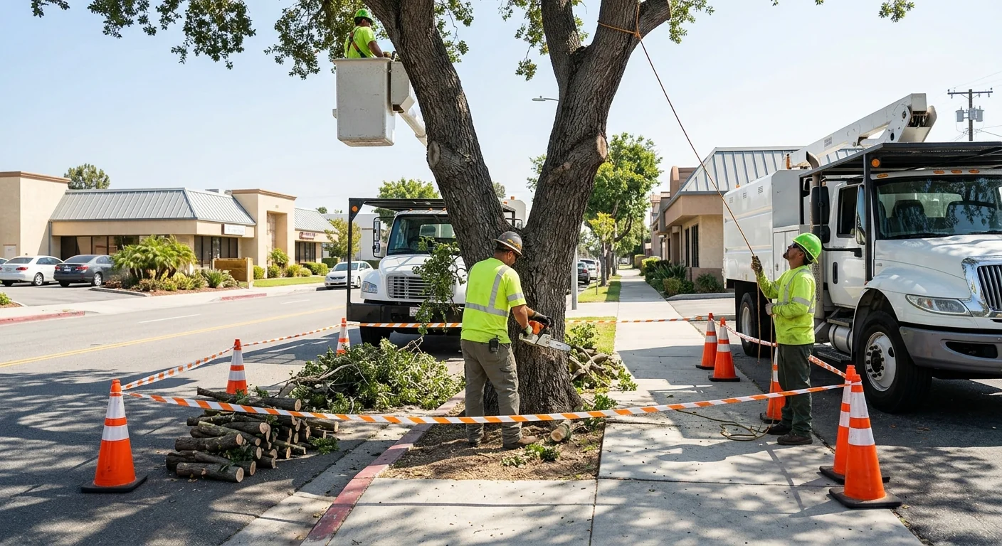 Split-trunk tree cordoned for hazardous removal along a Burbank commercial frontage