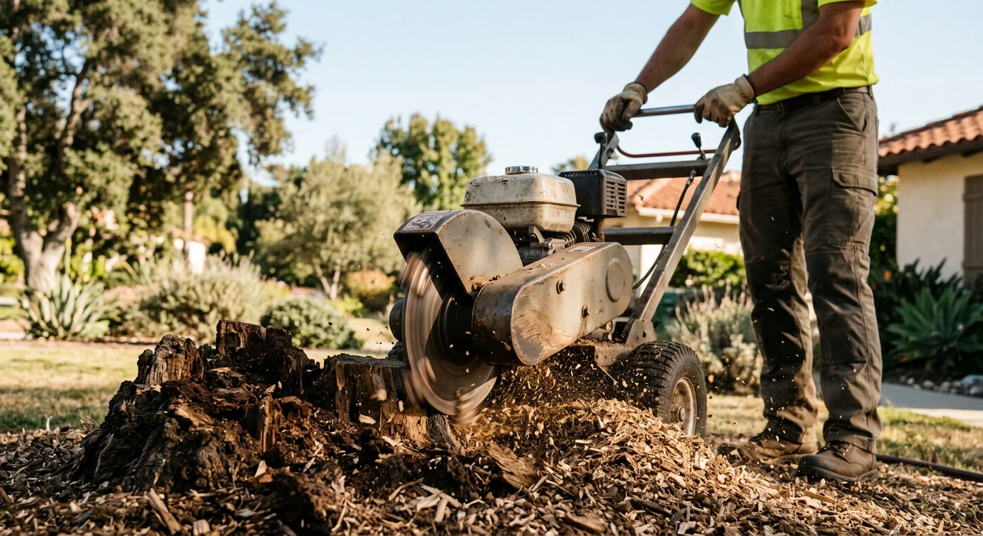 Stump grinding a decayed trunk below grade after hazardous tree removal