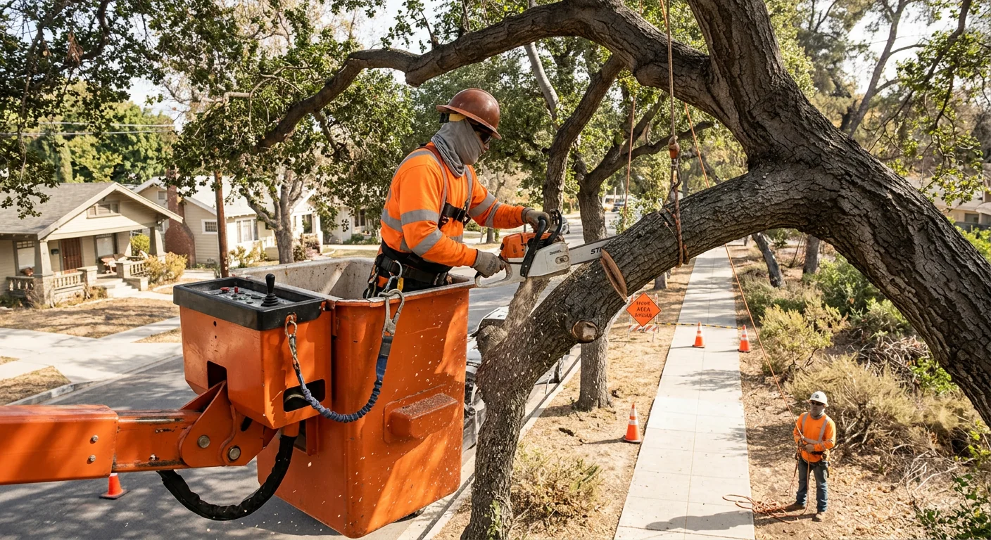 Arborist in a lift dismantling a storm-loosened limb above a walkway