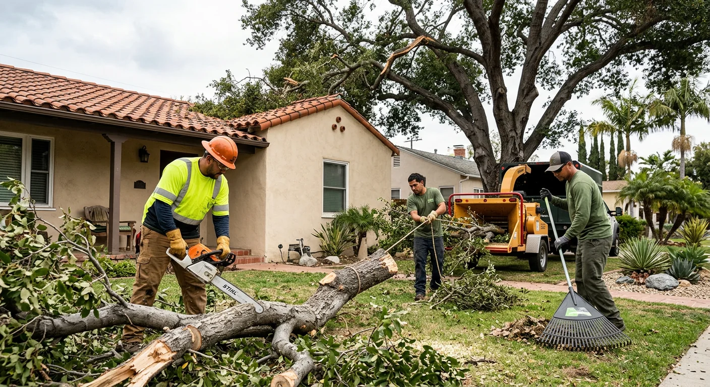 Crew clearing storm-damaged tree debris from a residential Burbank property