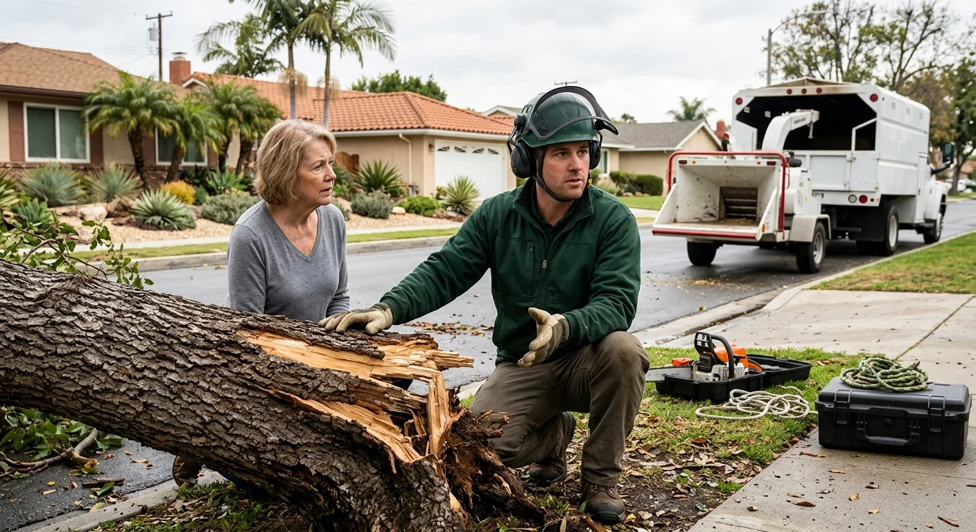Arborist assessing a fallen tree trunk after a Burbank storm event