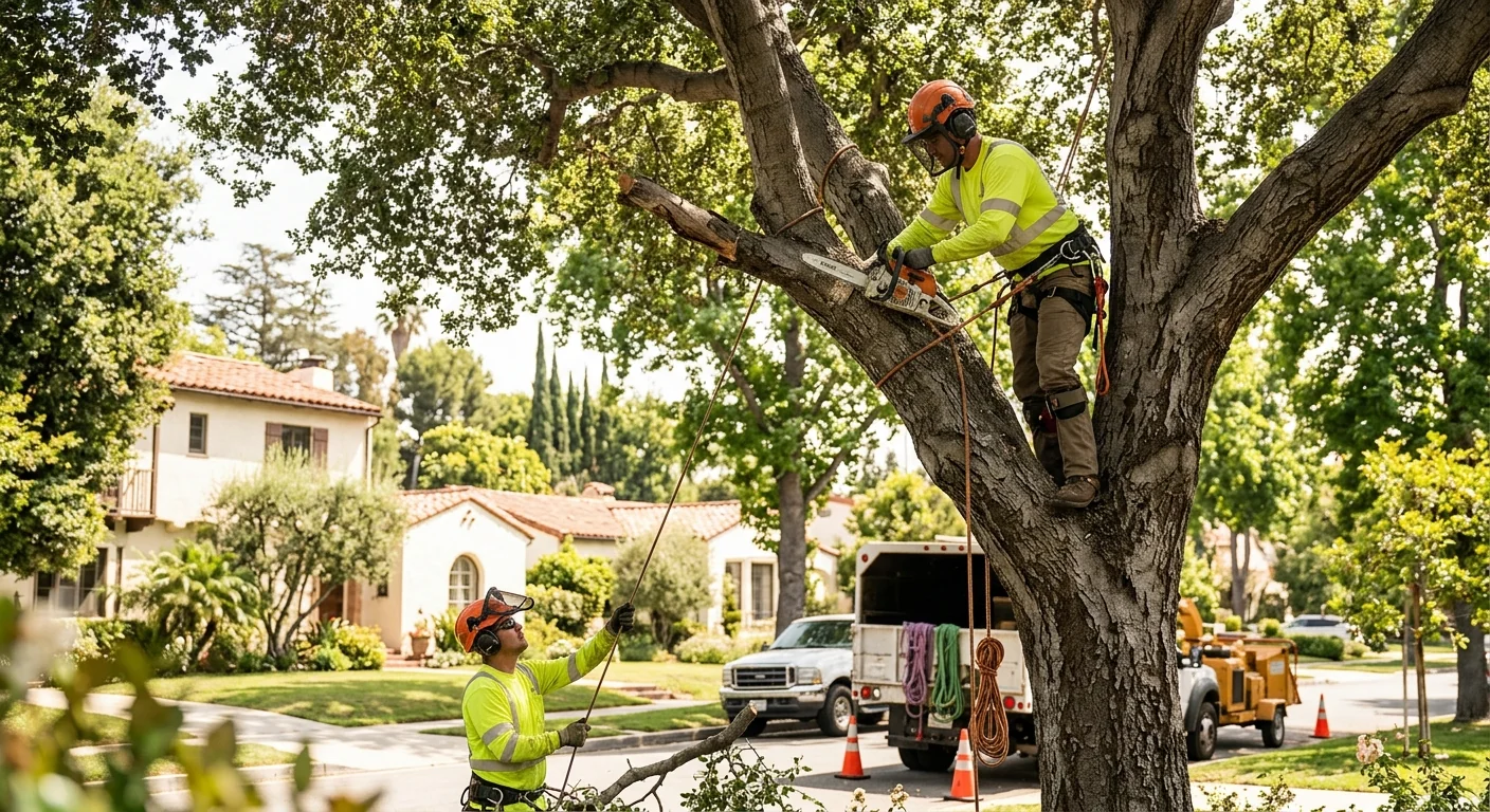 Tree crew reviewing storm cleanup plans on a Burbank property