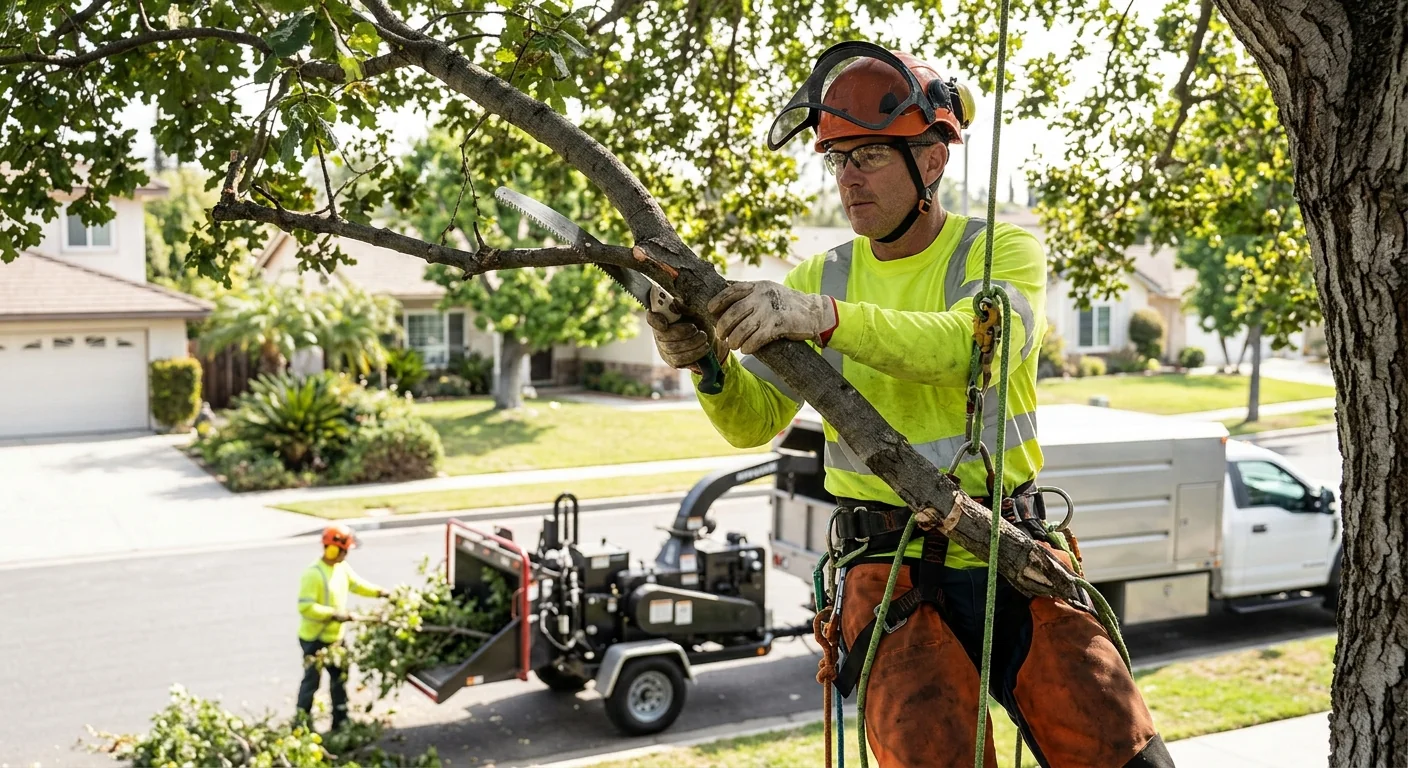 Crew clearing fallen storm-damaged tree limbs from a Burbank residential yard