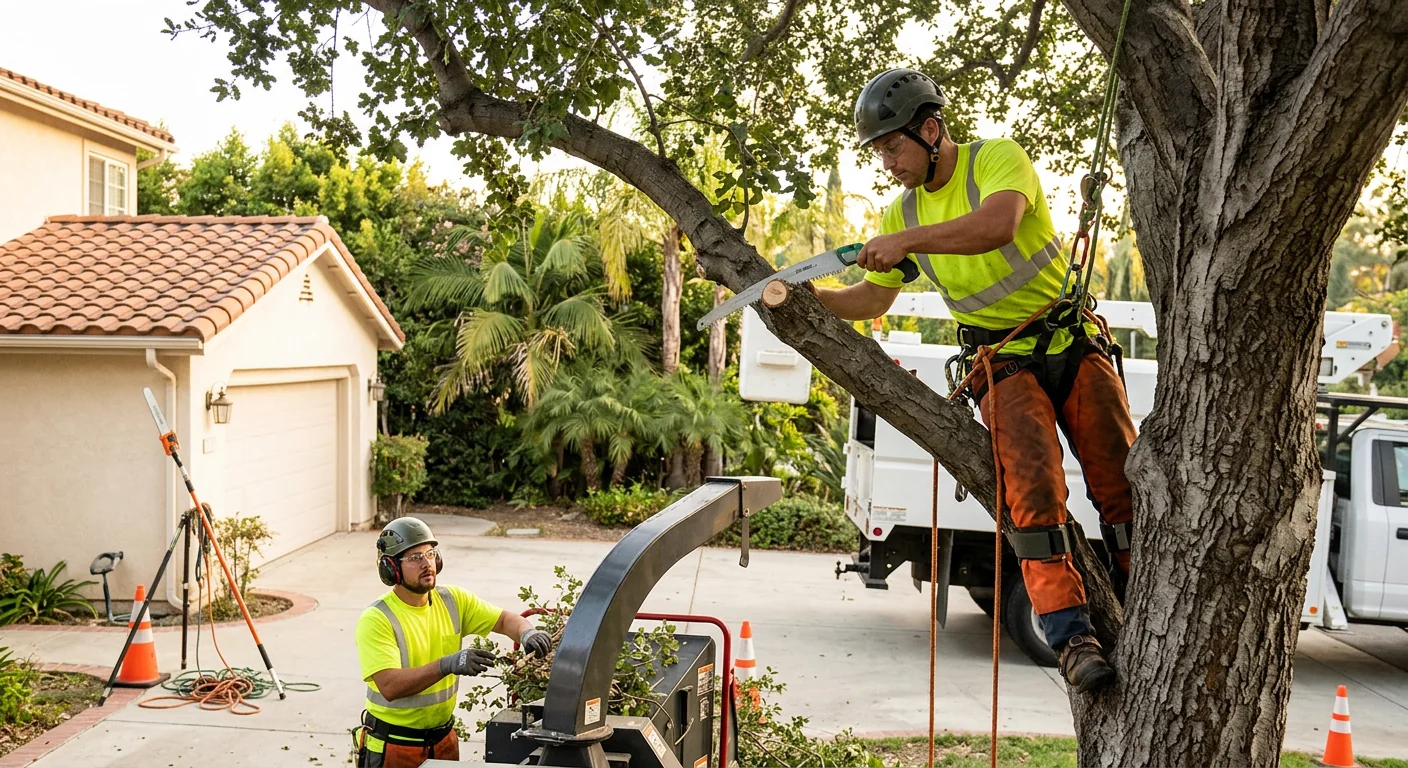 Storm-split tree trunk with hanging broken limbs over a Burbank property fence