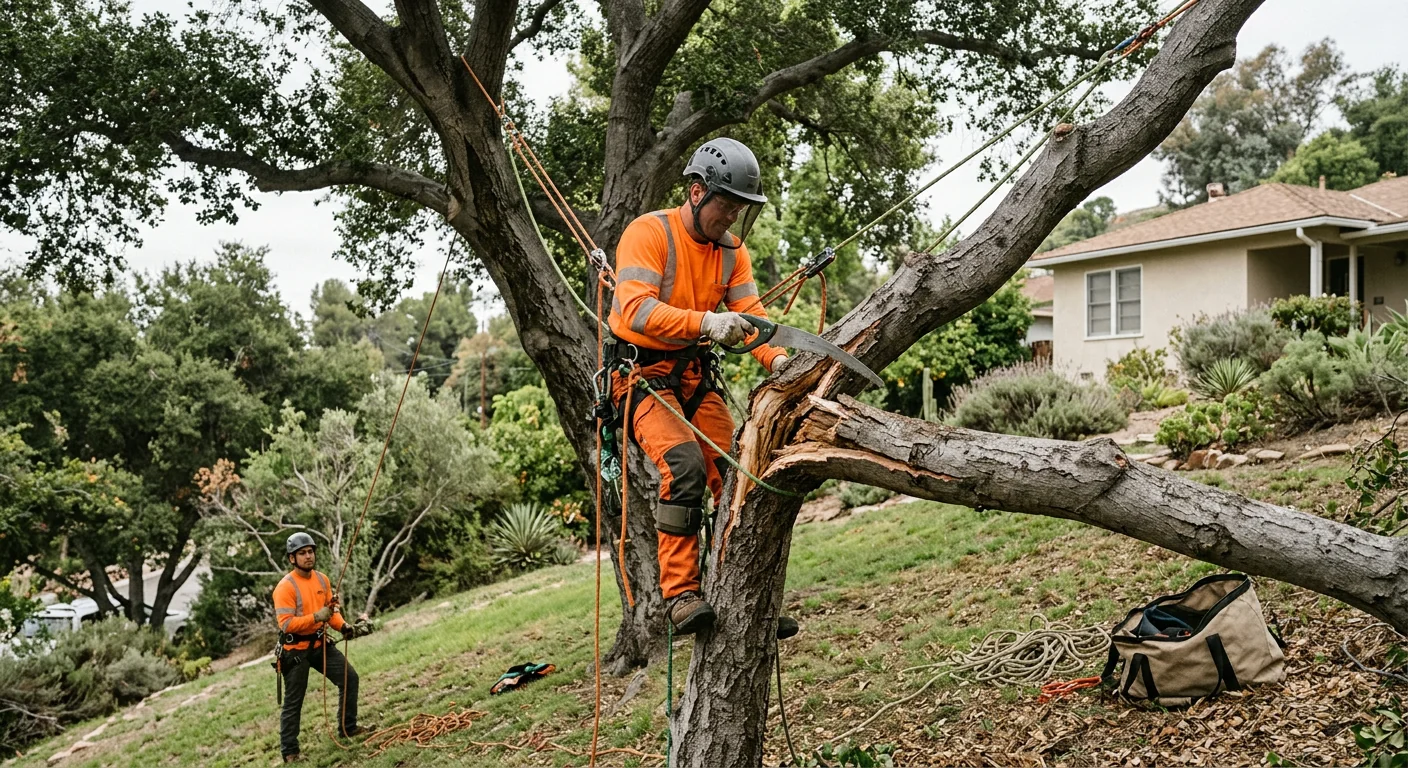 Arborist pruning a split limb on a Burbank hillside property after storm damage