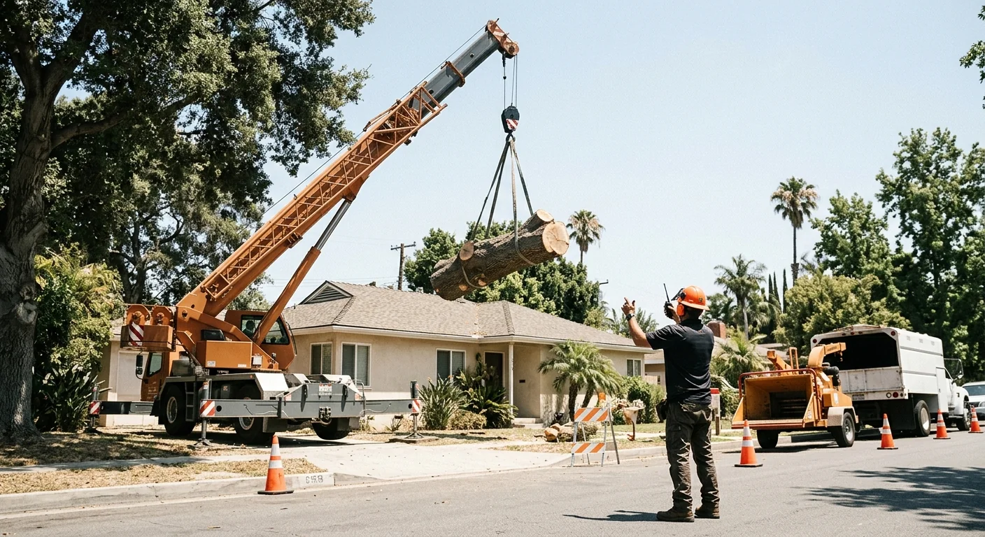 Crane lifting a cut tree section away from a rooftop during Burbank storm cleanup