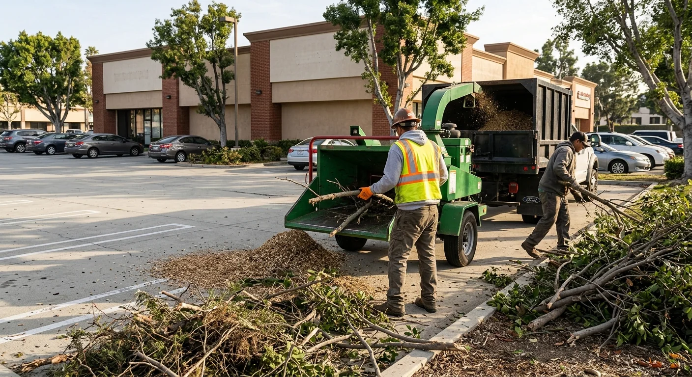 Workers chipping storm debris and brush at a Burbank commercial parking lot