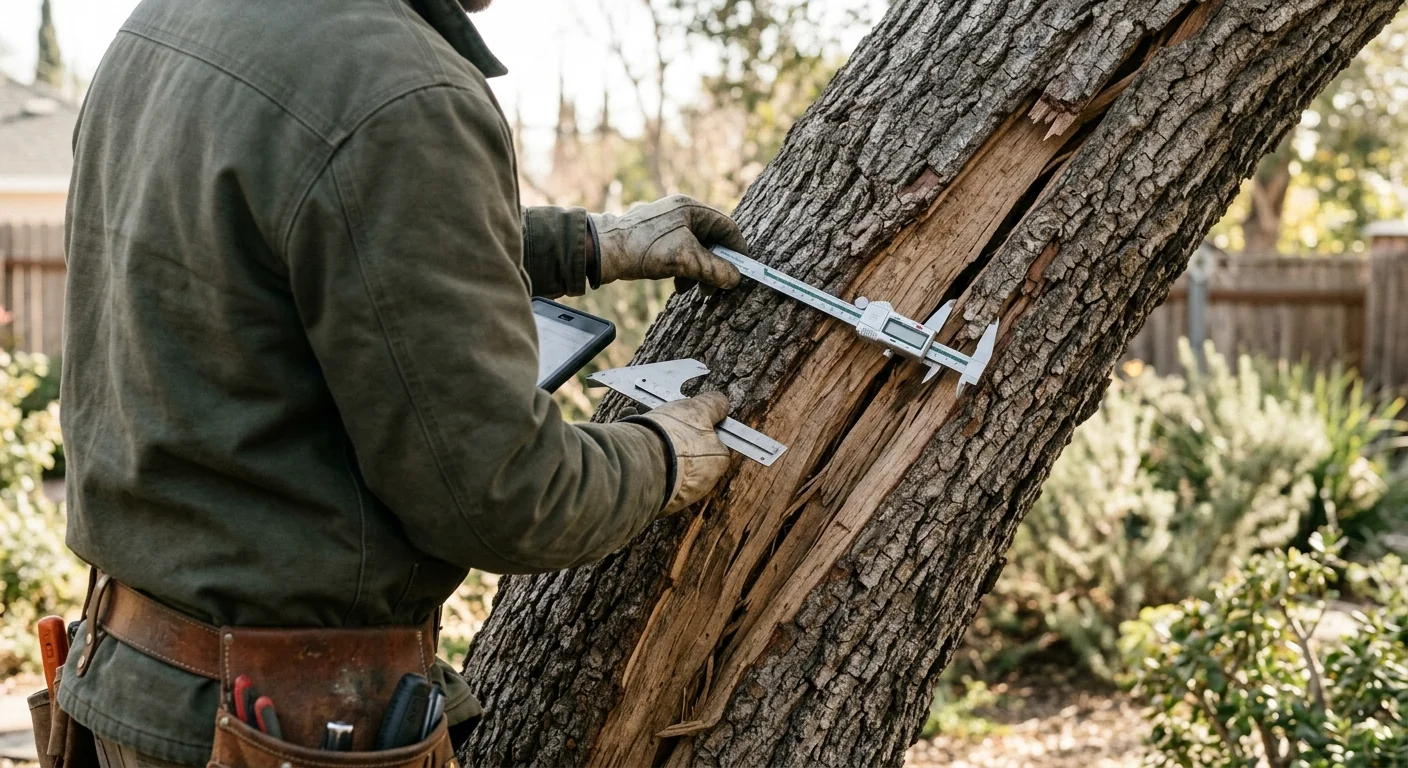 Technician assessing a leaning hazardous tree before removal in Burbank