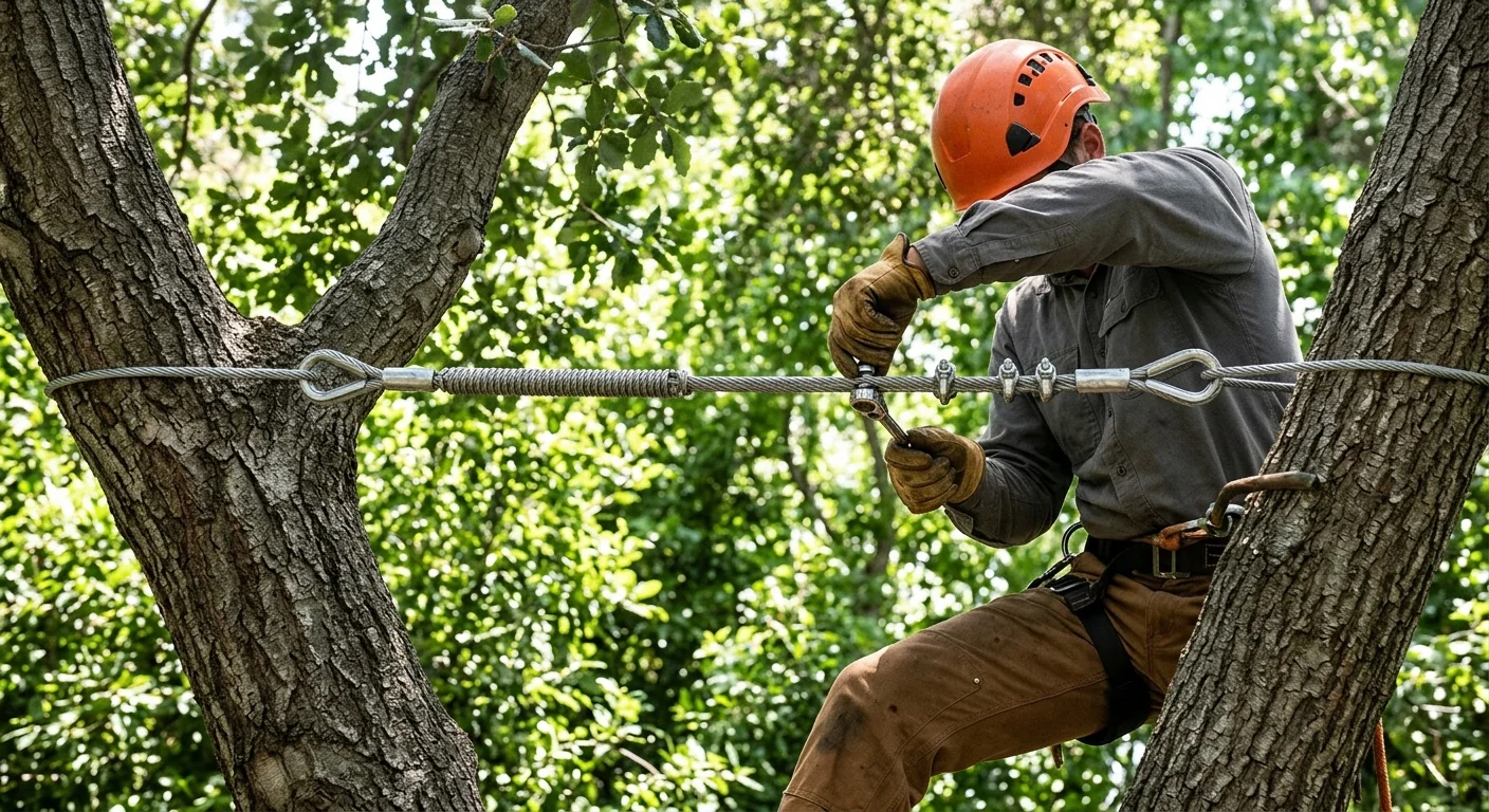 Close-up of steel cabling installed between stressed tree stems in Burbank