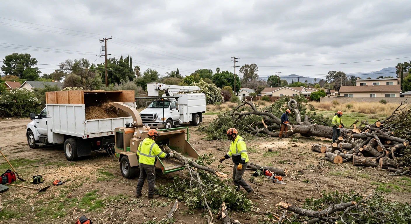 Crew clearing multiple downed trees across a large Burbank property after a storm