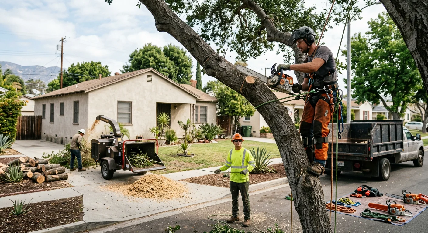 Tracked stump grinder clearing a backyard trunk on a Burbank residential lot