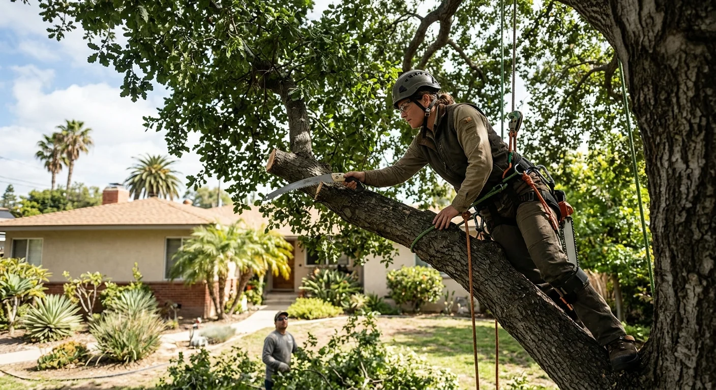 Arborist pruning mature tree canopy above a Burbank residential yard