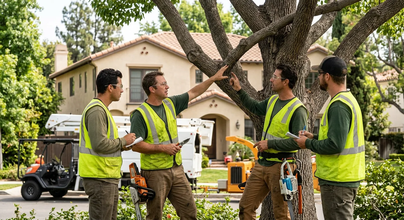 Crew reviewing branch structure before precision pruning cuts near a home