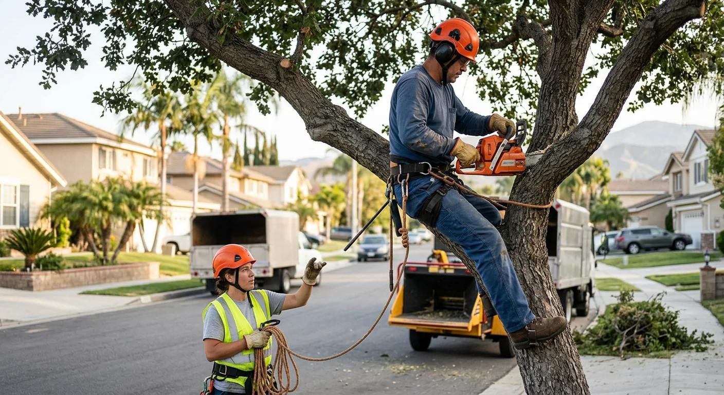 Arborist pruning a residential tree canopy on a Burbank property