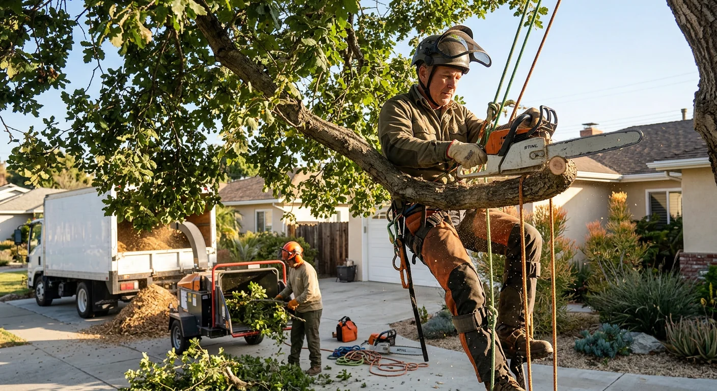 Arborist making precise pruning cuts on a mature tree canopy in Burbank