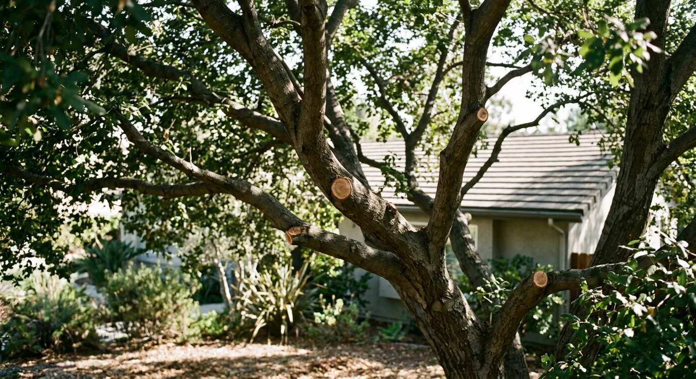 Crown thinning results on a mature oak in a Burbank backyard