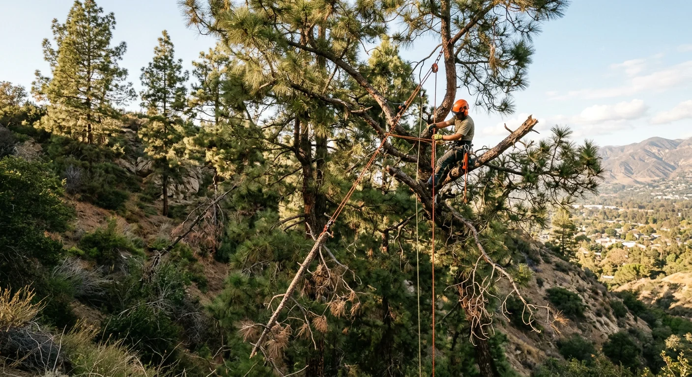 Deadwood removal on hillside pines above a Burbank property