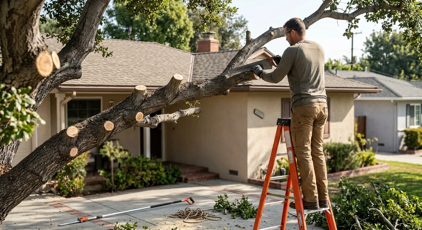 Directional pruning clearing branches from a home roofline in Burbank