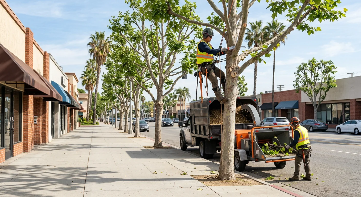 Canopy raising along a Burbank commercial frontage sidewalk