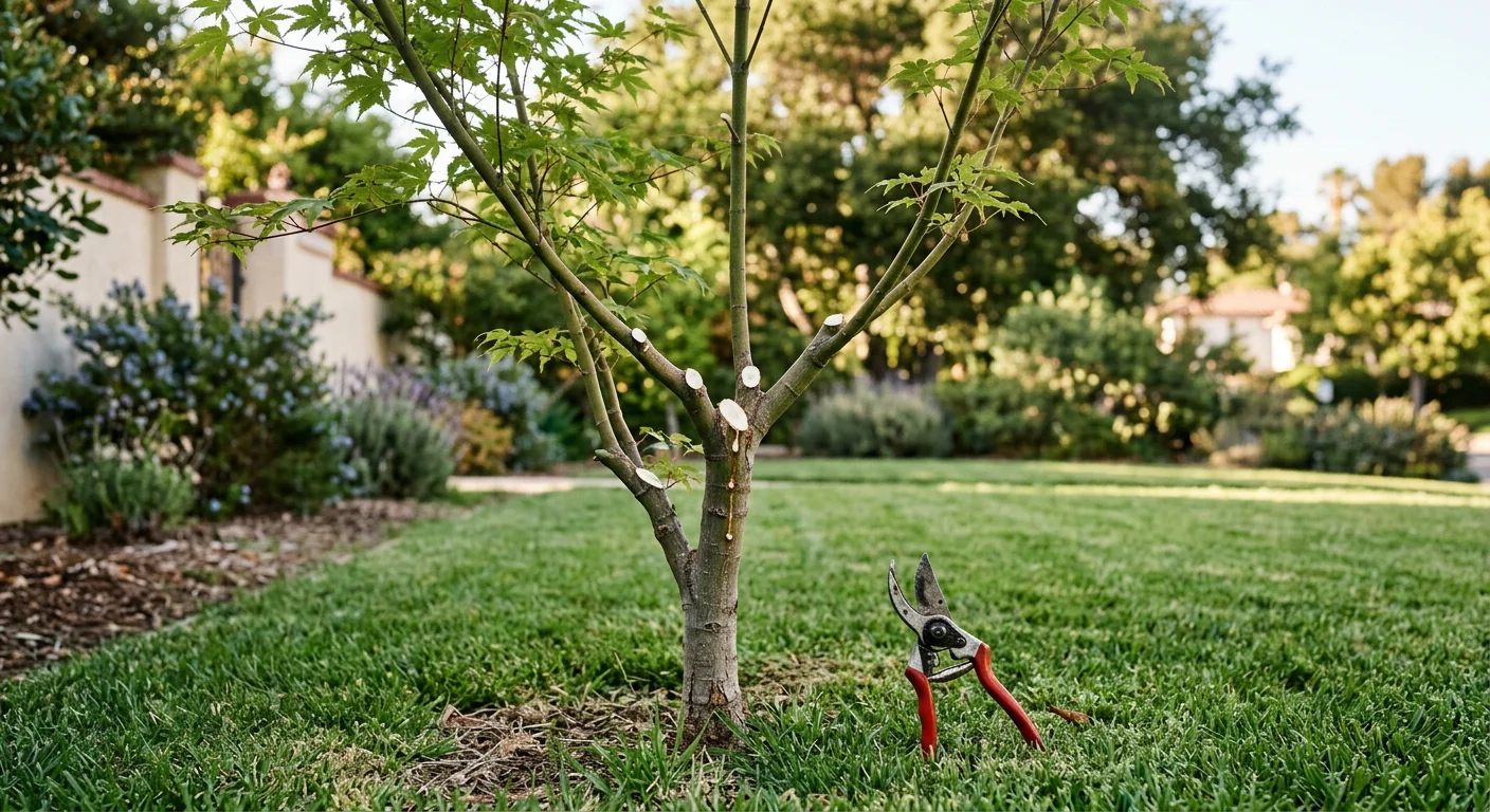 Structural pruning shaping a young maple in a Burbank yard