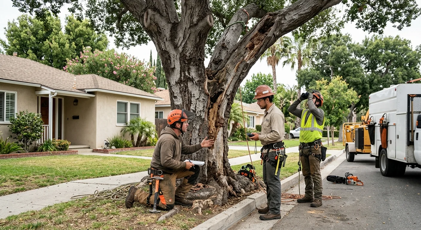 Crew assessing a large tree for removal near a Burbank home