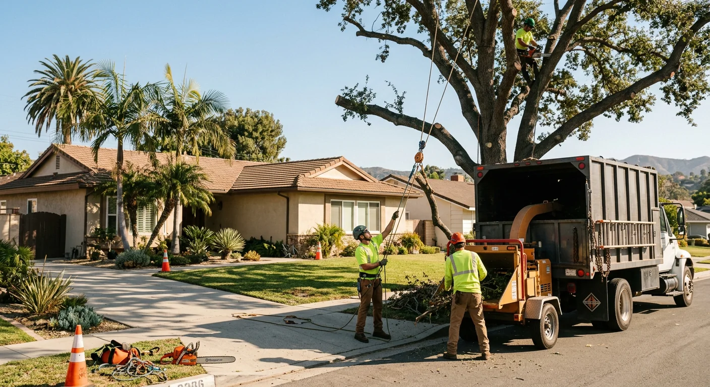 Rigging equipment and truck staged for tree removal on a residential lot