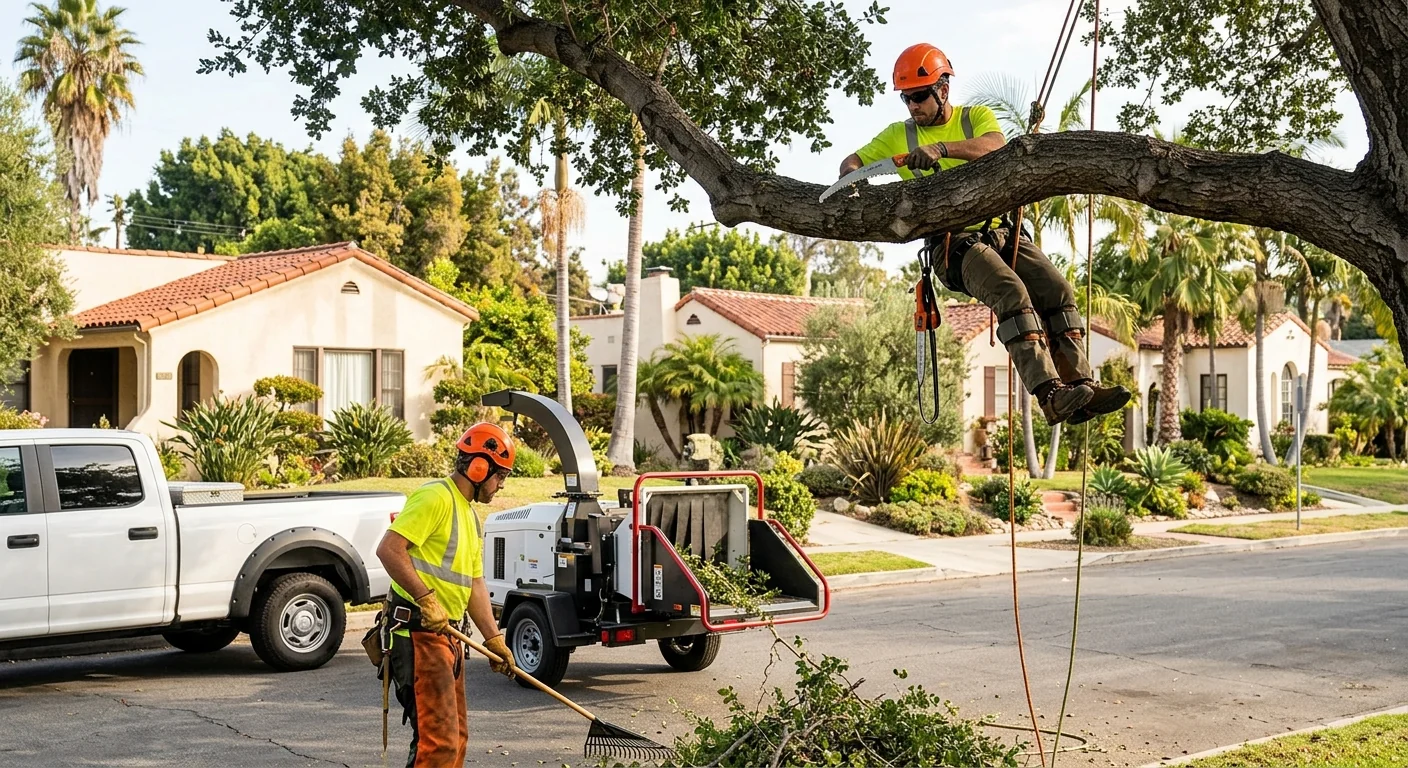 Crew reviewing a tree removal plan on a Burbank residential property