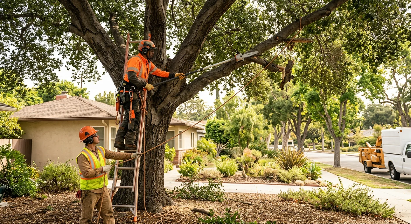 Crew performing sectional tree removal in a Burbank residential yard