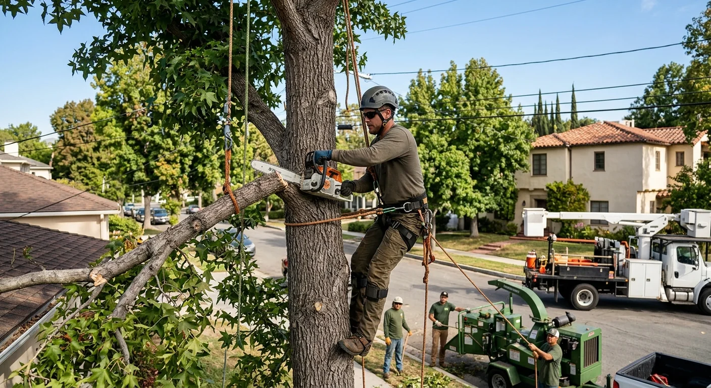 Leaning tree with trunk decay and dead limbs threatening a Burbank home