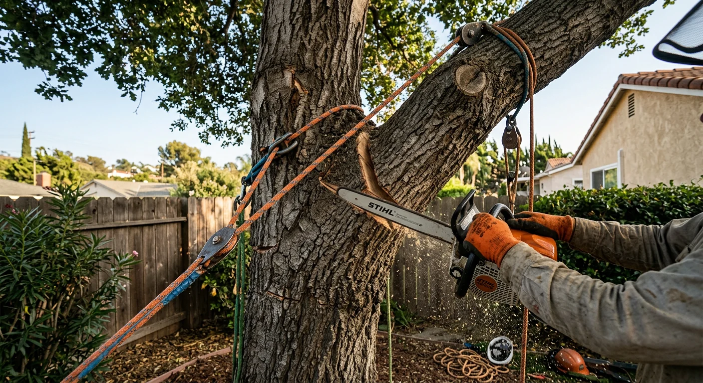 Arborist sectioning a backyard oak with rigging ropes near a fence