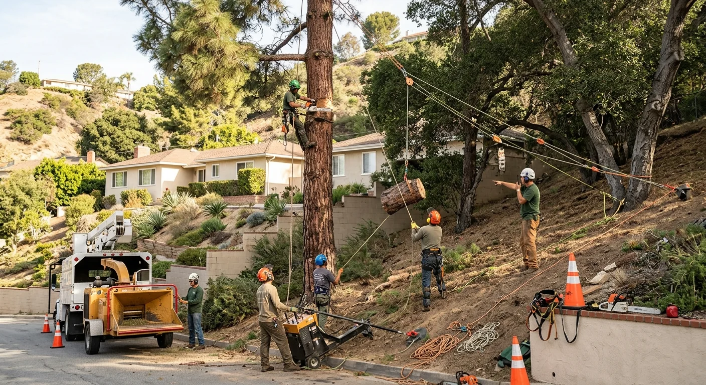Wide view of a hillside pine removal on a sloped Burbank lot
